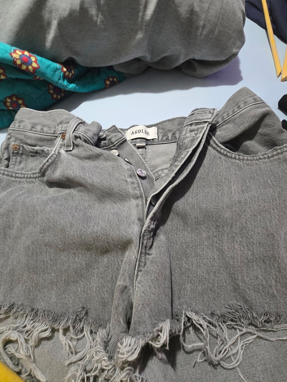 Agolde Gray Frayed Hem Jean Shorts